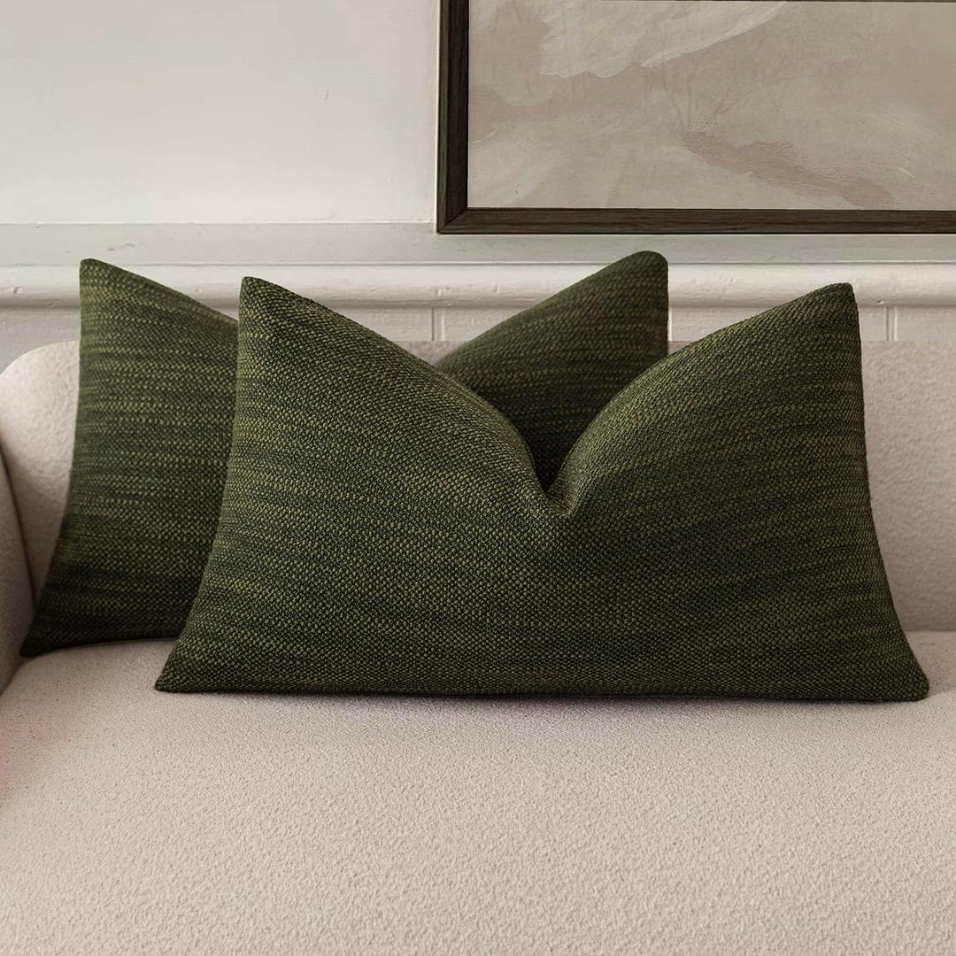 Foindtower Set of 2 Decorative Textured Burlap Linen Throw Pillow Covers Farmhouse Boho Lumbar Cushion Cover Solid Accent Pillowcase for Couch Sofa Bed Living Room Home Decor,1220 Inch,Dark Green