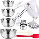 5-Speed Electric Hand Mixer, 4 Large Mixing Bowls Set, Handheld Mixers with Whisks Beater, Stainless Steel Metal Nesting Bowl Measuring Cups Spoons Kitchen Cake Blender for Baking Supplies