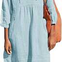Lafural Womens V Neck Cotton Casual Loose Shift Tunic Smock Summer Dresses Vacation Dress 3/4 Sleeve Pocket (Blue, M)