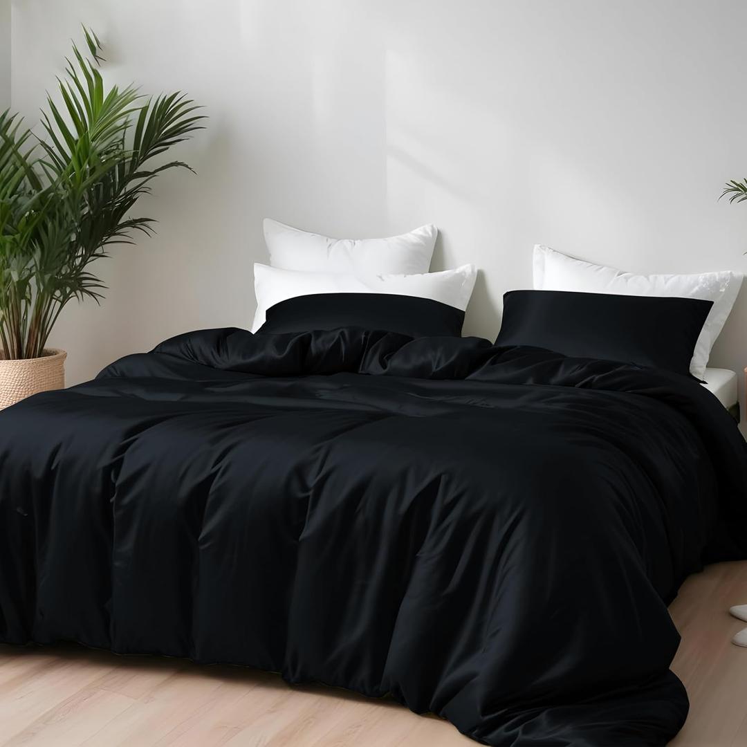 Linenwalas Duvet Cover Set King Size - Viscose Derived from Bamboo Soft, Breathable, Light Weight, Cooling Comforter Cover with Zipper Closure and Corner Ties, Black Halloween Bedding (Jet Black)