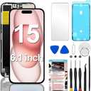 for iPhone 15 Screen Replacement 6.1 inch, 3D Touch LCD Display Digitizer Assembly with Repair Tools,Compatible with Model A2846, A3089, A3092, A3090