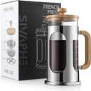 Sivaphe 34 oz French Press Coffee Maker No-Plastic, Borosilicate Glass Bamboo Lid and Handle Coffee Tea Press 8 cup, 1000ml Coffee Milk Forther with Stainless Steel Holder and Resuable Filters (Clear)