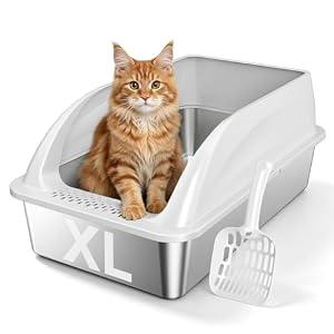 Stainless Steel Litter Box with High Sides, XL Metal Cat Litter Pan, Extra Large Litter Boxes for Big Cats, Odor Control, Easy to Clean, Anti-Leak, Non Stick, Scoop Included, Light Gray