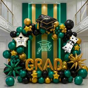 Green Black Gold Graduation Balloon Garland Arch Kit with Graduation Star print Certificate Letter Foil Balloons for Graduate Class of 2026 Grad Prom party Decorations Supplies