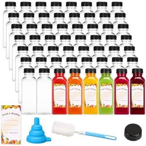 Moretoes 56pcs 12oz Plastic Juice Bottles with Caps, Clear Empty Reusable Containers with Brush Funnel and Labels for Smoothies Ginger and Other Beverages