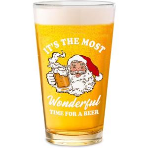 Funny Christmas Beer Glass for Men Women, 16 oz Holiday Glass Drinking Cups, White Elephant Gifts for Dad Husband Son Grandpa, Christmas Glass Cup Party Supplies Table Decor Stocking Stuffers