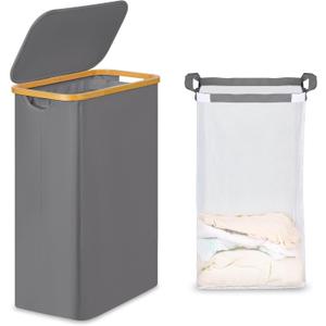 efluky Slim Laundry Basket with Lid, Narrow Laundry Hamper with Removable Bag, Skinny Dirty Clothes Basket with Bamboo Handles for Bathroom, Bedroom & Laundry Room, 65L Grey