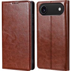 for iPhone 17 Air Wallet Case, Genuine Leather Flip Folio Cover with RFID Blocking Card Holder & Kickstand, [Shockproof TPU Inner Shell] for iPhone 17 Air, Brown
