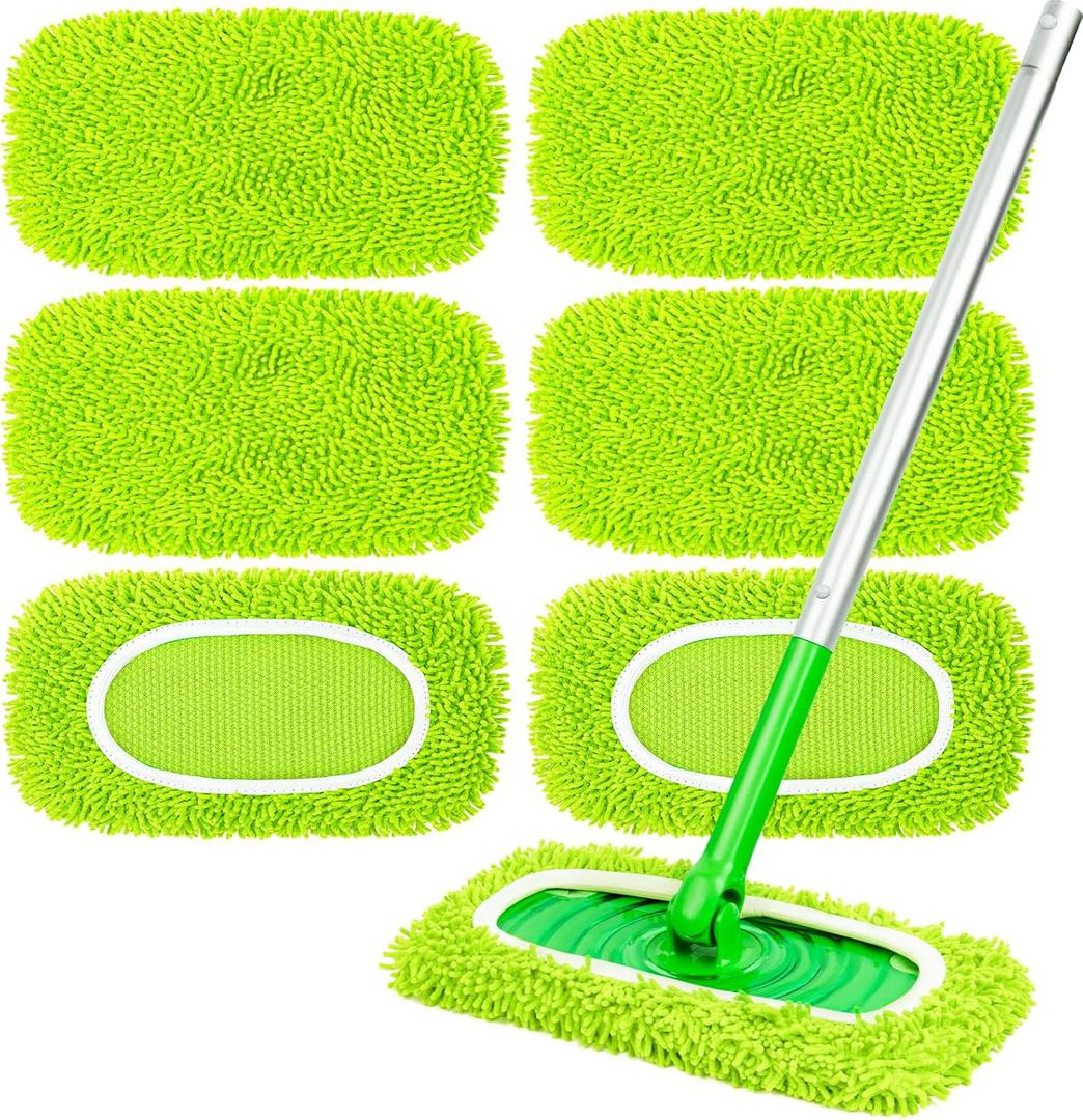6-Pack Reusable Mop Pads Fit Swiffer Sweeper, Microfiber Cleaning Mop Pads Refill for Dry Sweeping & Wet Mopping Replacement (Fluorescent Green)