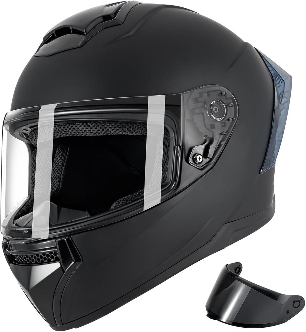 Motorcycle Helmets Full Face for Adults Motorcycle Helmet Men & Women - DOT Approved with 2 Removable Visors (1 Clear + 1 Tinted), Suitable for Powersports, Bike & Motocross Rides (Black)