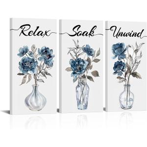 HOMEOART Bathroom Art Relax Soak Unwind Sign Bathroom Decor Flower Painting Framed Canvas Artwork Farmhouse Laundry Room Decor, 6x12inch 3 Pieces (Blue)