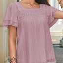 Falechay Summer Tops Short Sleeve Pink Tunic Tops for Women Lace Boho Womens Shirts Square Neck Womens Blouses Loose Peasant Clothing XL
