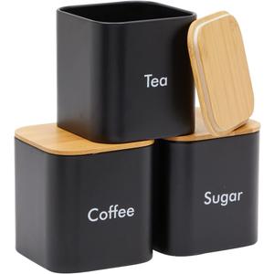 Juvale Coffee Tea Sugar Container Set - Black Iron Kitchen Canister Set with Bamboo Lids (3 Pieces, 48 oz)