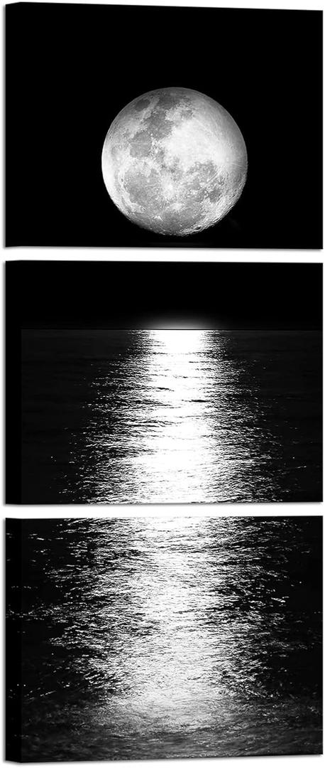 Artmyharbor Full Moon Phase Canvas Wall Art Vertical Black and White Picture Moon on Sea Print Modern Bedroom Decorations Cool Apartment Decor for Men