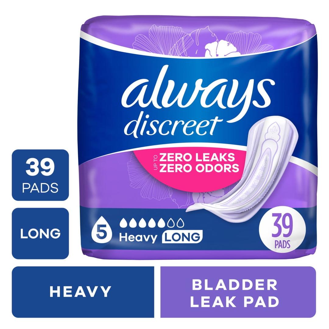 Always Discreet Adult Incontinence Pads for Women, Heavy Absorbency, Long Length, Postpartum Pads, 156 Count (4 Packs of 39)
