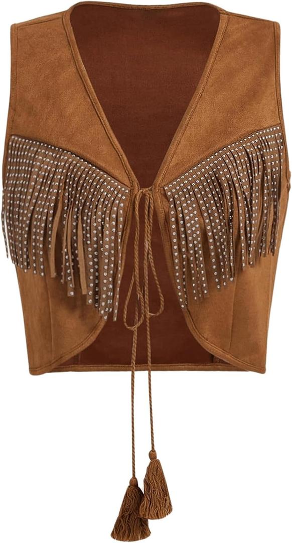 OYOANGLE Women's Studded Fringe Trim Tie Front Vest Top Boho Outfits 70s Hippie Western Cowgirl Sleeveless Jacket Outerwear (Brown, M)