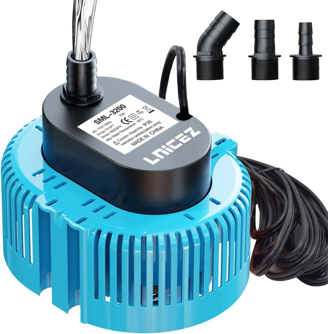 Pool Cover Pump 850GPH Pond Pump, Low Investment & Same Performance, Sump Pump Submersible Water Pump for Pool Draining, Above Ground Pool Pump for Pool Cover, Pond, 3 Adapters Without Hose