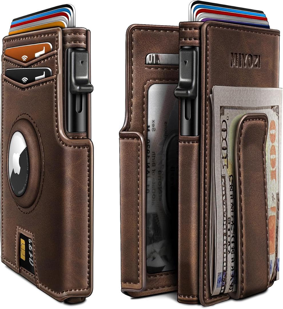 miyozi Airtag Wallet for Men,with Money Clip 10 Cards Metal Case Smart Slim Pop Up Credit Card Holder Flip with Magnetic Closure RFID Blocking wallet with Gift Box