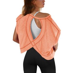 SENSERISE Womens Open Back Workout Tops Backless Short Sleeve Athletic Shirt Running Crop Top Gym Yoga Tee (X-Large, Coral Pink)