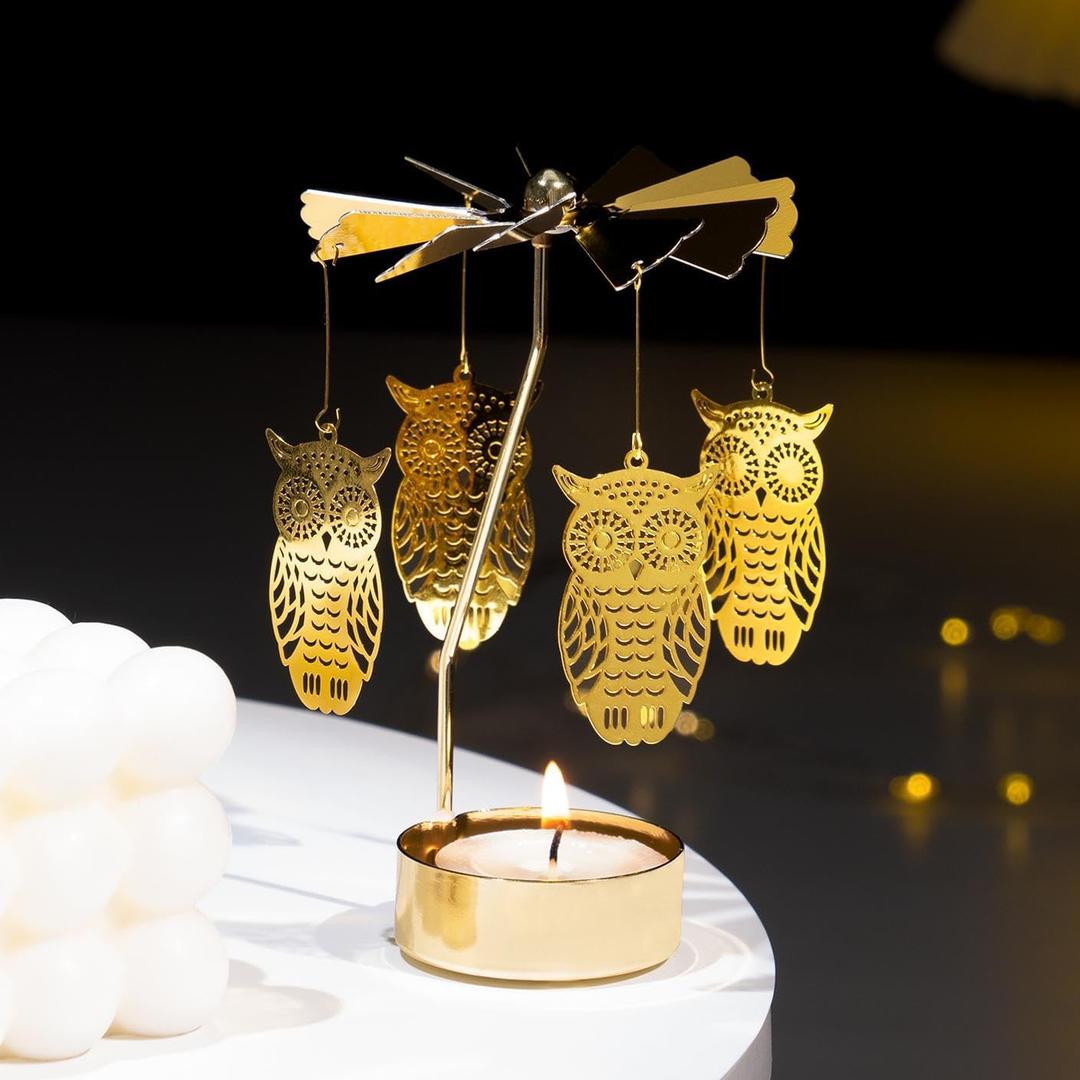 Spinning Candle Holder, Gold Tea Lights Candle Holder Owl Carousel Candle Spinner, Rotating Metal Candle Holders for Table Centerpiece Owl Tealight Holder for Christmas Festival Home Decor
