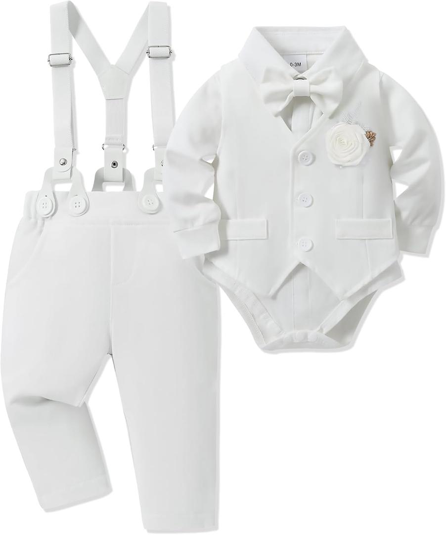 Baby Boy Clothes Suit Infant Gentleman Wedding Outfit Dress Shirt+Bowtie+Vest+Corsage+Suspender+Pants 6Pcs (18-24 Months, White)