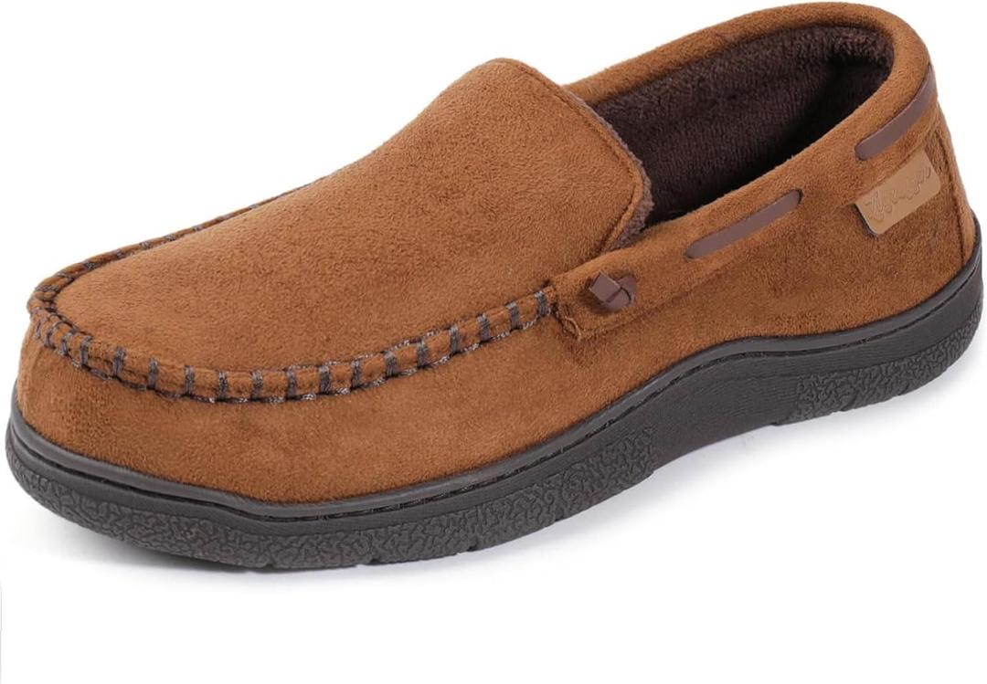 Zigzagger Men's Moccasin Slippers Memory Foam House Shoes, Indoor and Outdoor Warm Loafer Slippers (13, Camel)