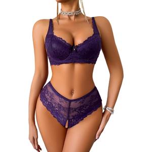 Avidlove Women's Lingerie Set Lace Bra and Panty Sets 2 Piece Lace Babydoll Outfits (Dark Purple) S