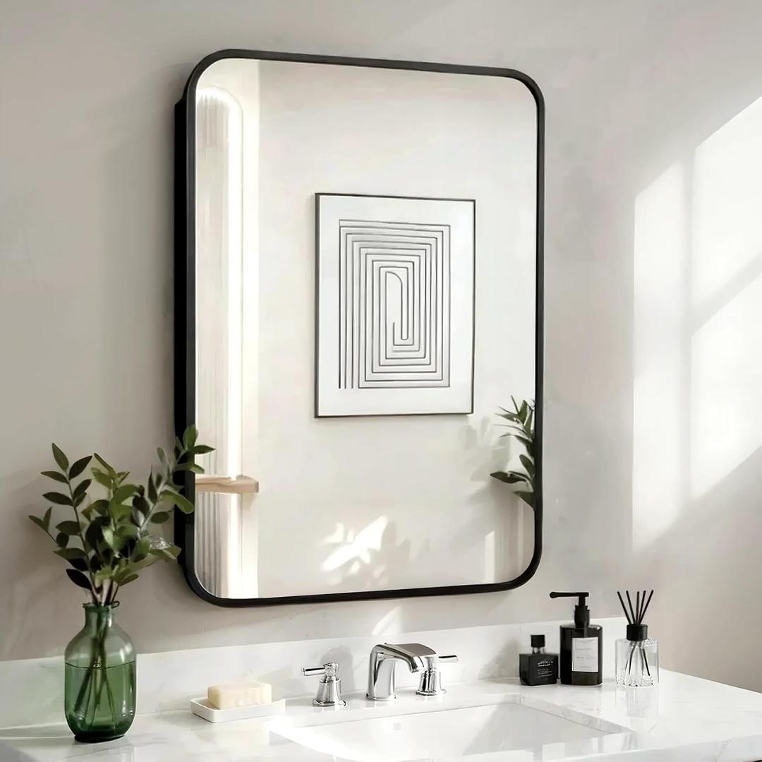 Bathroom Medicine Cabinet with Black Metal Framed Mirror, Recessed or Wall Mount Bathroom Vanity with Wood Storage Shelves 17.5x26 inch