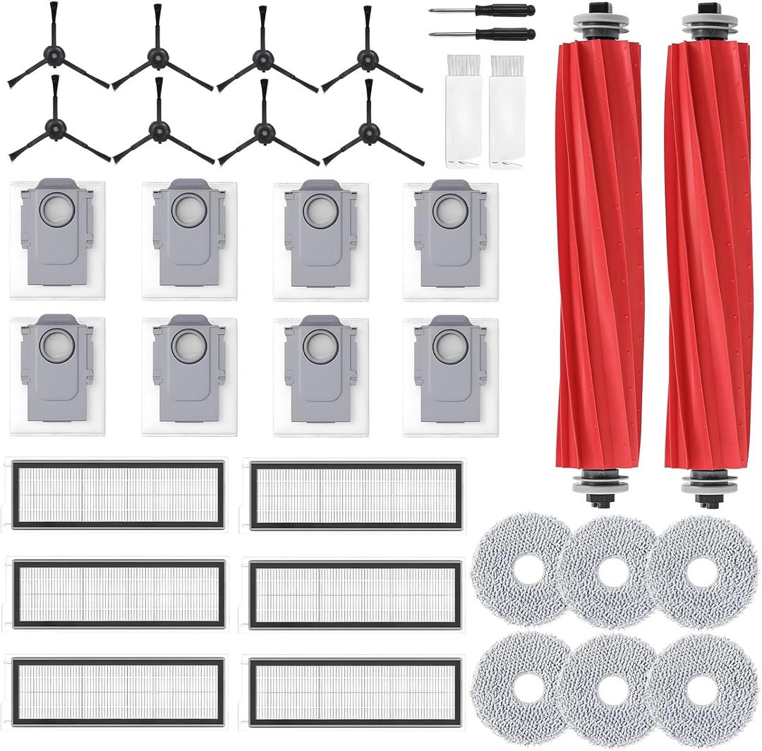 34 Pcs Qrevo S/ Qrevo Pro/ Qrevo Plus Replacement Accessories for Roborock Robot Vacuum, 2 Main Brush, 6 HEPA Filter, 8 Dust Bag, 8 Side Brushe, 6 Mop Cloth Pad, 4 Cleaning Tool