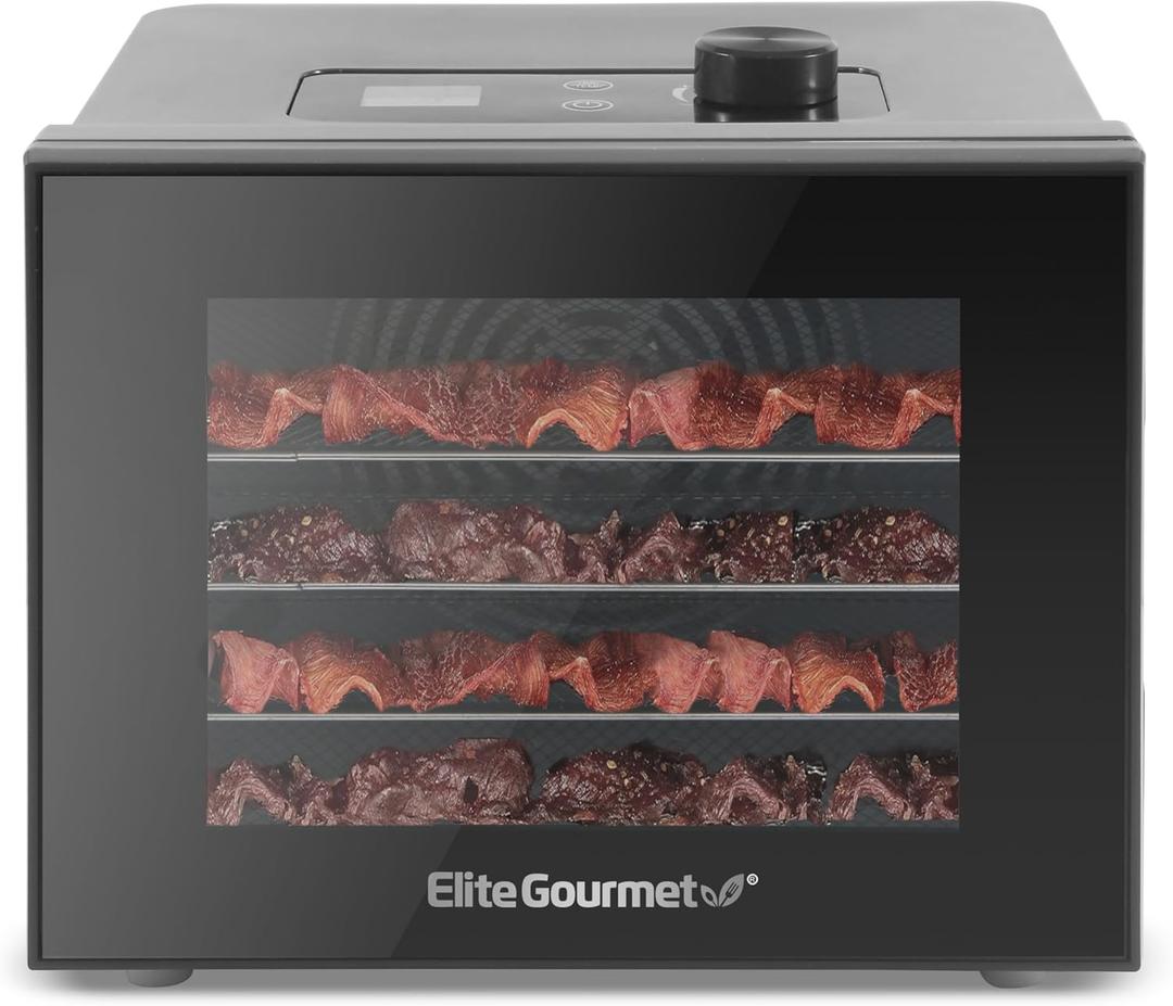 Elite Gourmet Food Dehydrator, Stainless Steel Trays Food Dehydrator, Adjustable Temperature Controls, Jerky Herbs Fruit Veggies Snacks (4 Plastic Trays)