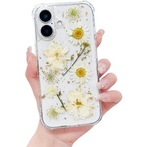 Compatible with iPhone 16 Plus Case for Women,Cute Pressed Dried Real Flowers Design Clear Shockproof Phone case Cover for iPhone 16 Plus (White Flower)