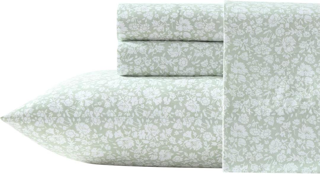 Laura Ashley - Sheets, Cotton Percale Bedding Set, Lightweight & Breathable Room Essentials (Heirloom Ditzy Green, Twin)