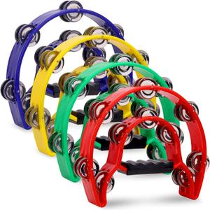 4 Pack 10 Double Row Tambourine, Half Moon Musical Tambourine 20 Metal Jingles Hand Held Percussion Drum, Panderos Para Adultos, Plastic Tambourines for Adults, Church, KTV, Party, Multicolored