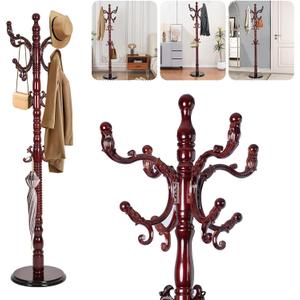 Solid Wood Coat Rack  73" Freestanding Coat Racks Stand with 14 Hooks & Stable Round Base, Adjustable Height Modern Wooden Hall Tree for Entryway, Bedroom, Office, Home (Mahogany Round)
