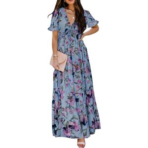BLENCOT Womens Casual Boho Floral Printed V Neck Short Sleeve Long Evening Dress Ruched Cocktail Party Maxi Wedding Dress (Blue, XL)