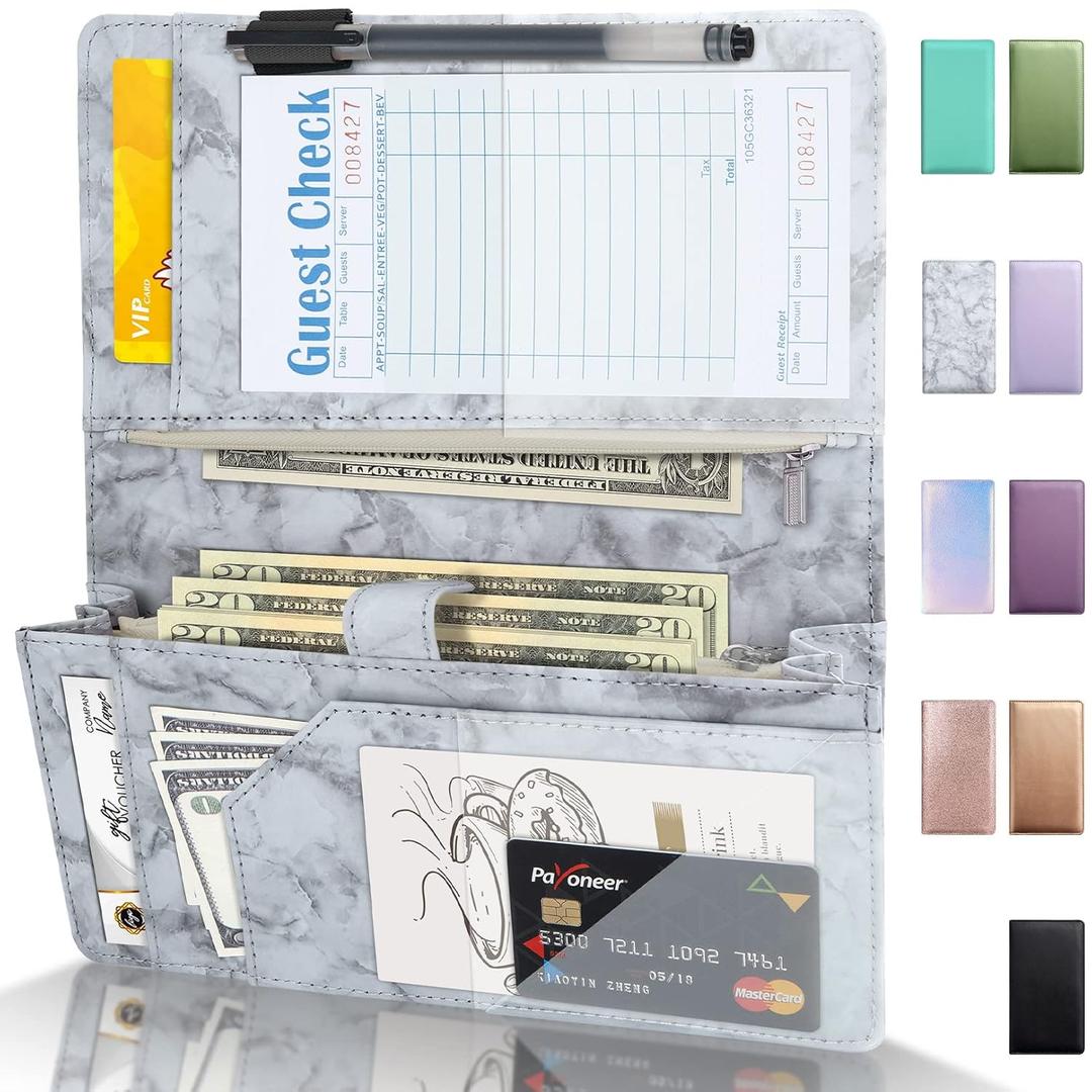 Server Book High Volume, Expandable Server Book,5"9", Waitress Waiter Book, Leather Waitress Book with 2 Zipper Pockets and Magnetic Pocket, Server Books Server Booklet Fit Server Apron, Marble Grey (Extended Version)