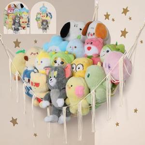 Stuffed Animal Storage Hammock Corner, 55 Inch Large No Drilling Handcrafted Stuffed Animal Net, Natural 100% Cotton Boho Macrame Toy Hammock Stuffed Animal Organizer for Kid Room Nursery Decor(Cream)