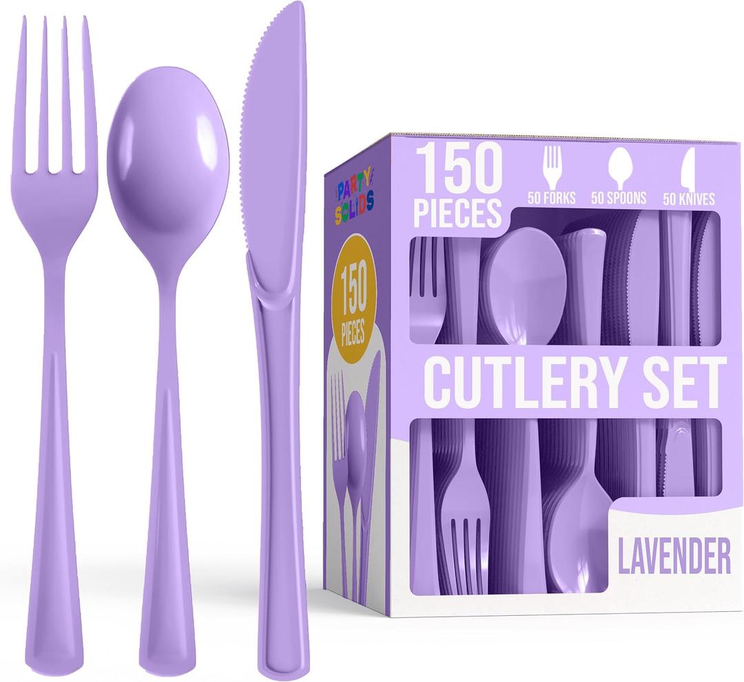 Party Solids Lavender Plastic Silverware Heavy Duty 150 Pieces Lavender Disposable Silverware Heavy Duty, Utensil Sets, 50 Of Each Forks, Knives & Spoons Disposable Cutlery Set For Party Supplies