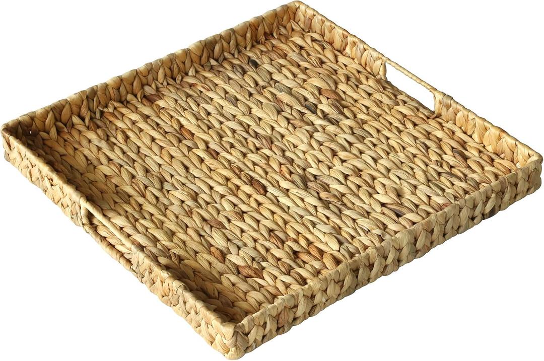 Extra Large Square Ottoman Table Tray 19.7" with Handles - Handmade Wicker Serving Hand Woven Tray for Farmhouse Decorative Oversized Coffee Table Trays Living Room Kitchen Counter Breakfast