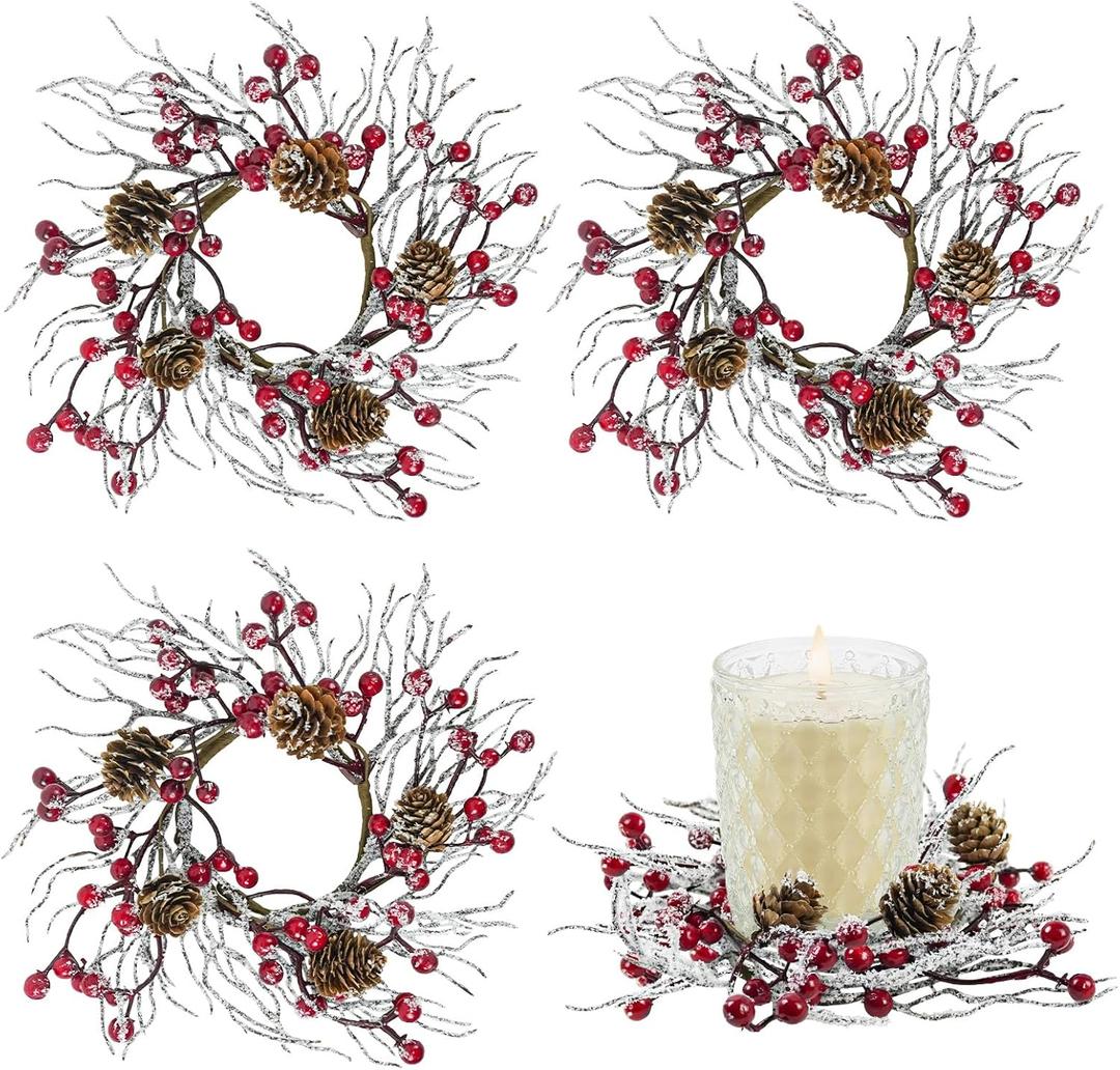 4 Pcs Christmas Candle Rings 3.6 Inch Snowy Small Candle Wreaths with Pine Cones Christmas Candle Rings for Pillars Home Wedding Christmas Table Centerpiece