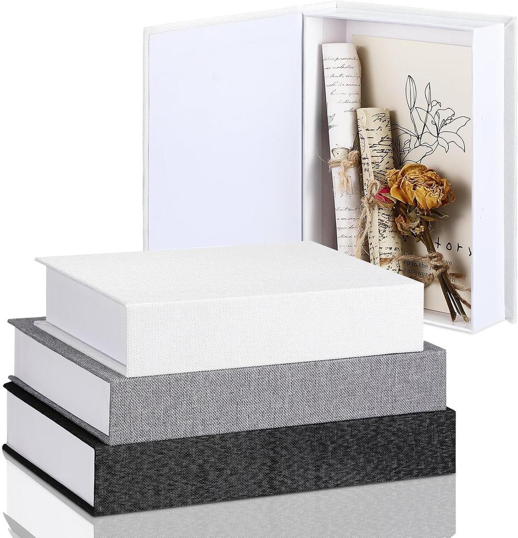 Tioncy 3 Pcs Fake Book Box Neutral Linen Book Box Decorative Faux Prop Storage for Farmhouse Home Decor shelf Table Card Photo DIY Keepsake Gift(Multi Sizes,Black, White, Dark Gray) (8.6 x 6.1 x 1.8 Inch)