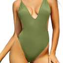 SHEKINI Women's Sexy Deep V Neck One Piece Ribbed Thong Swimsuit High Cut Backless Bathing Suit (Medium, Light Green)
