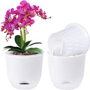 QCQHDU 2 Pack 5.7Inch Orchid Pots with Holes for Repotting, Double-Layer and Self Watering Orchid Pot with Good Air Circulation (White)