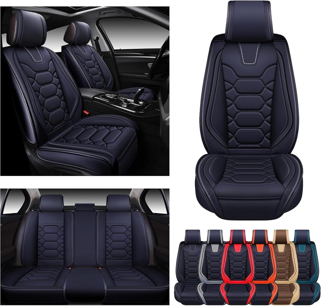 OASIS AUTO Car Seat Covers Premium Waterproof Faux Leather Cushion Universal Accessories Fit SUV Truck Sedan Automotive Vehicle Auto Interior Protector Full Set (OS-004 Black) (Full Set, Black)
