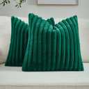 FUTEI Emerald Green Striped Decorative Throw Pillow Covers 26x26 Inch Set of 2,Square Winter Decorations Couch Euro Pillow Shams,Soft Cozy Faux Rabbit Fur & Velvet Back,Modern Home Decor for Bed