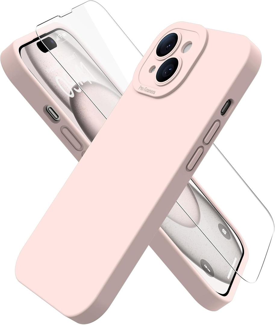 Magnetic for iPhone 15 Case with Screen Protector - Wireless Charging Compatible - Upgraded Camera Protection - Silicone Shockproof Protective Phone Case for iPhone 15 6.1" - Light Pink