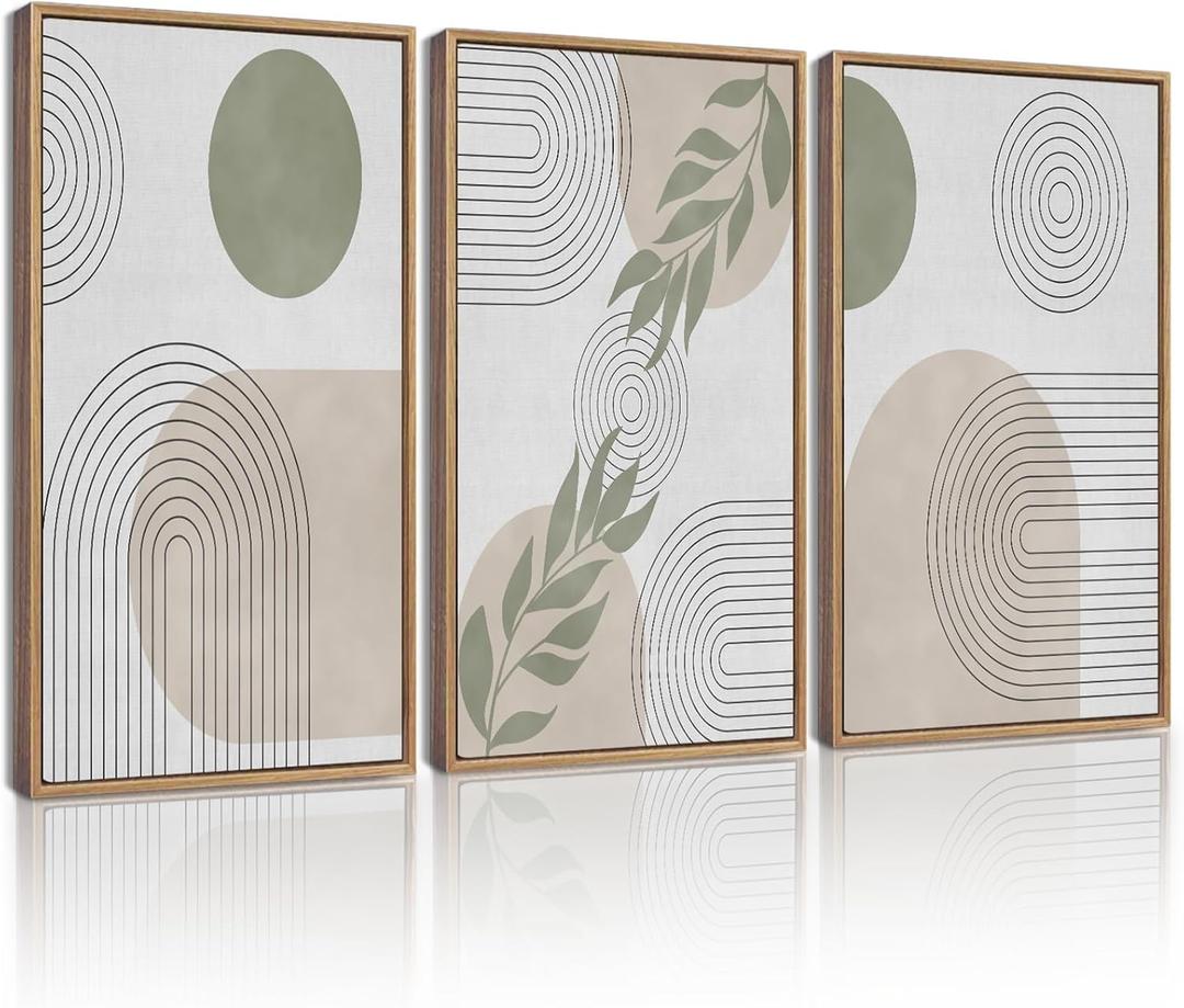 UVIOKE Green Botanical Boho Framed Wall Art Modern Bohemian Plants Wall Decor Geometry Lines Prints Artwork for Living Dining Room 16x24in (Natural Framed) (24L" x 16W" x 3 Panels Natural)