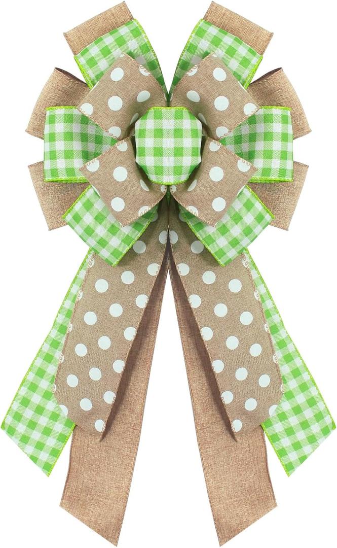 Spring Wreath Bow for Front Door, Natural Green Dots Bows Green Buffalo Plaid Craft Bow Birthday Easter Tree Topper Ornament Bow for Home Easter Decorations Supplies