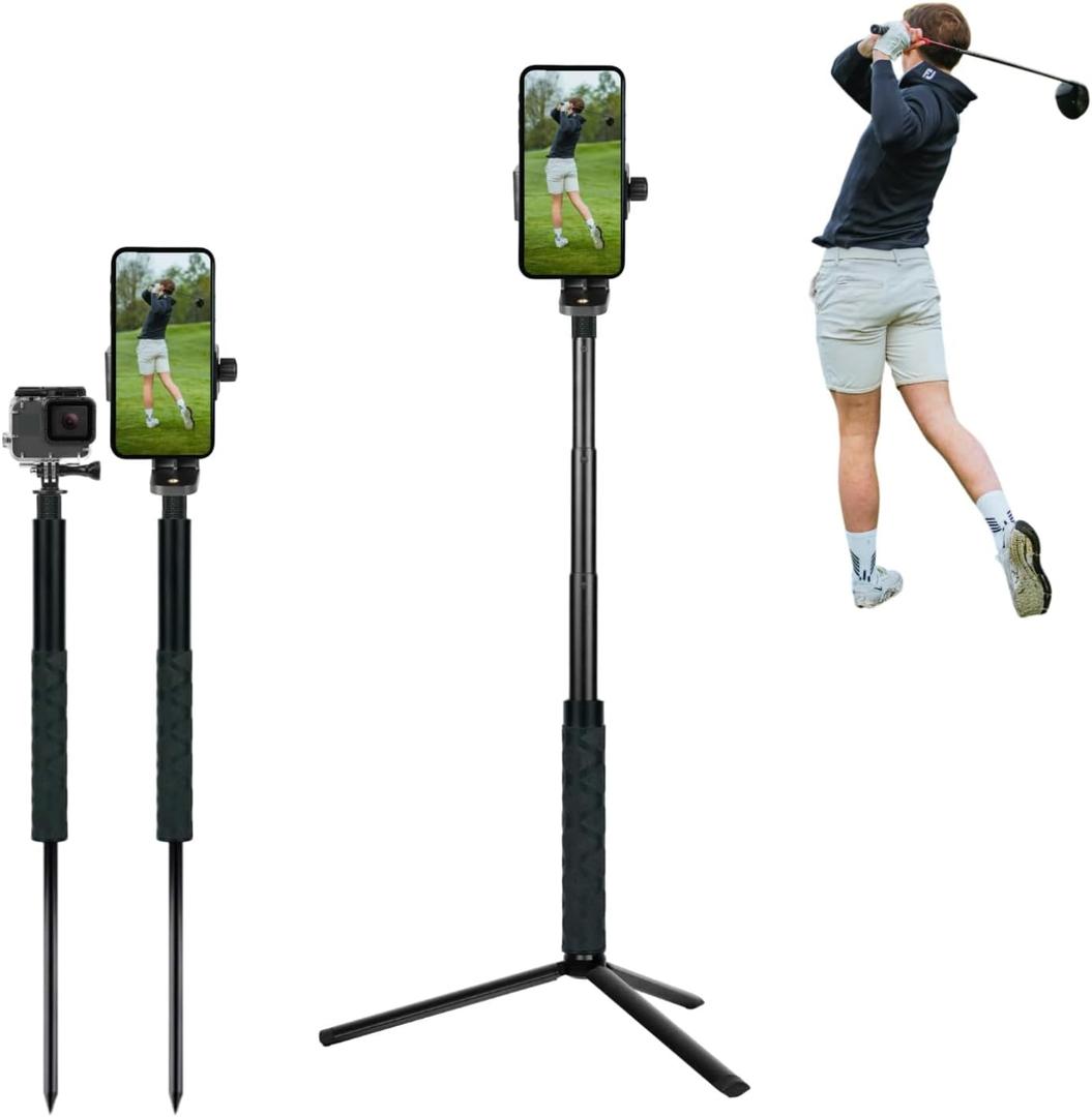 Golf Tripod and Monopod Selfie Stick with Ground Spike Stake, Phone Tripod Holder for Recording Golf Swing, 52" Adjustable Golf Selfie Stick for Swing Training Aid