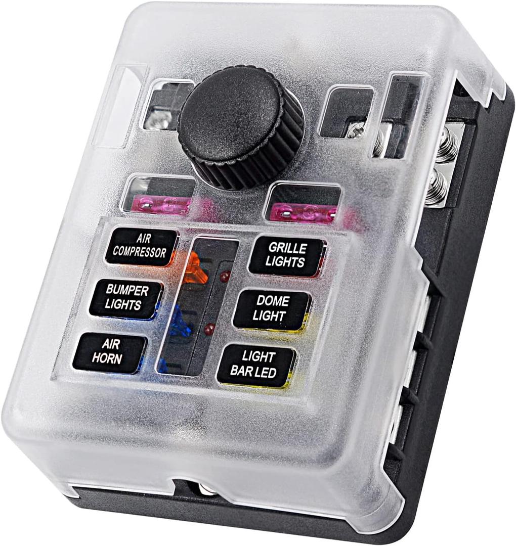 12 Volt Fuse Block, Waterproof 6 Way Fuse Box with 6 Ground Negative Busbar for Automotive[100 Amp Max] [ATC/ATO Fuses] [LED Indicator] [2 Spare Fuse Slots] for Car Boat Marine RV DC 12-24V
